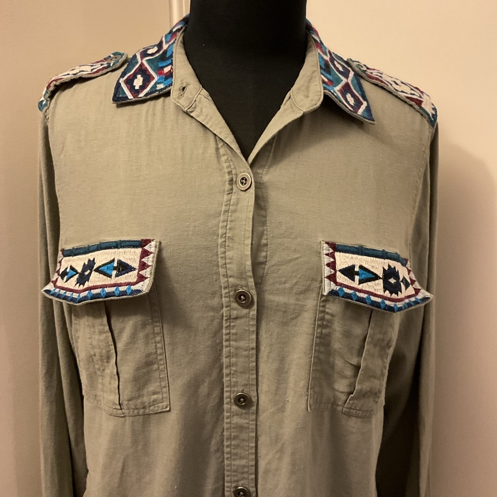 RAILS Kona Button-Front Linen Blend Embroidered Olive Green Shirt Size S Boho - Picture 3 of 8
